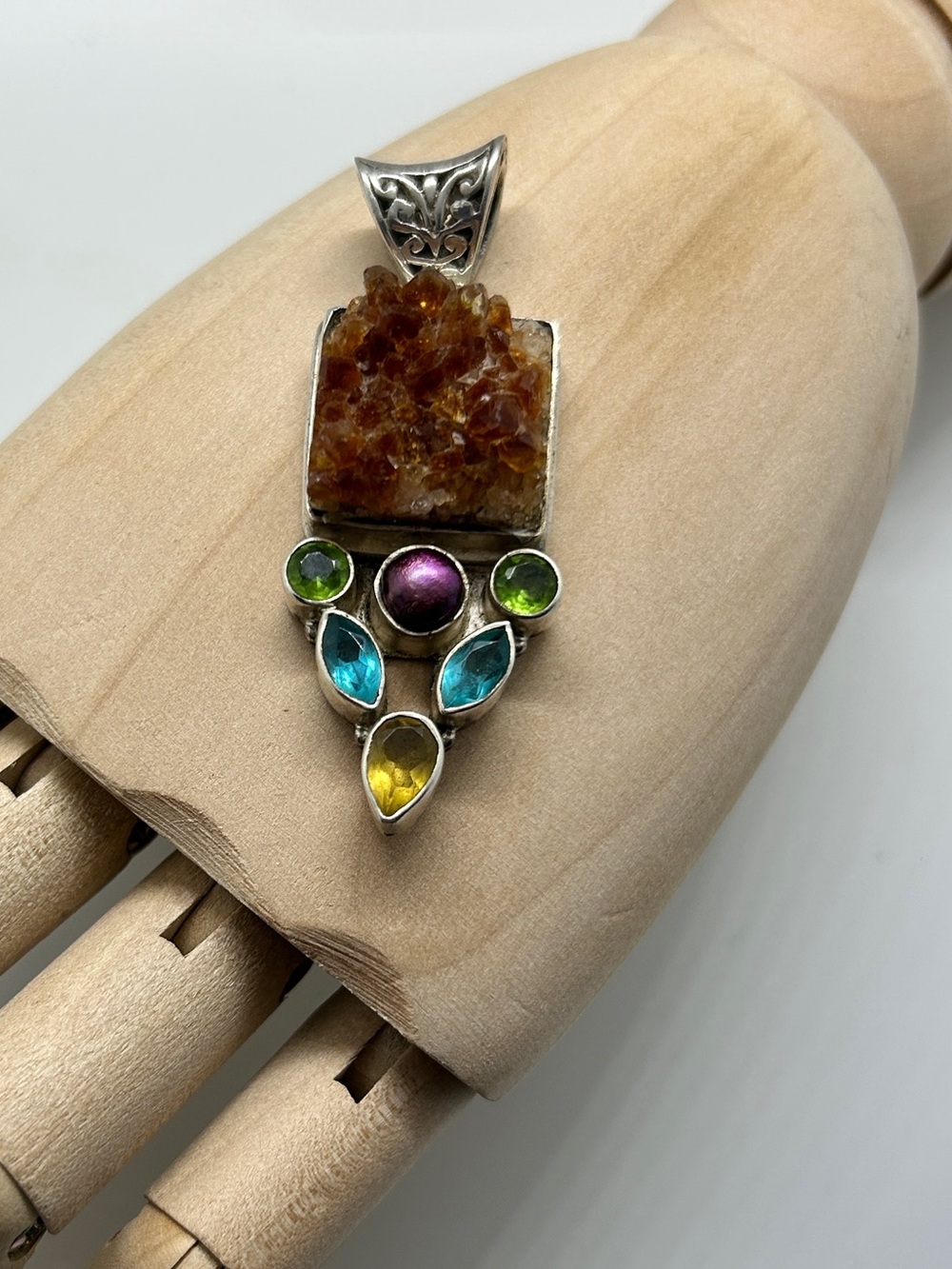 Citrine Druzy Sterling Silver Pendant w/Green, Blue, Purple Gemstones